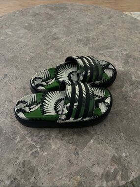 adidas Green and Black Floral Graphic Slide Sandals